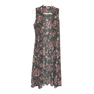 Womens Floral Mesh Sheer Duster Sleeveless Tie Front Whimsigoth Fairy Boho  L